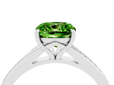 White gold Cushion Cut Peridot Solitaire Ring with Pavé Band and Prong Setting_4