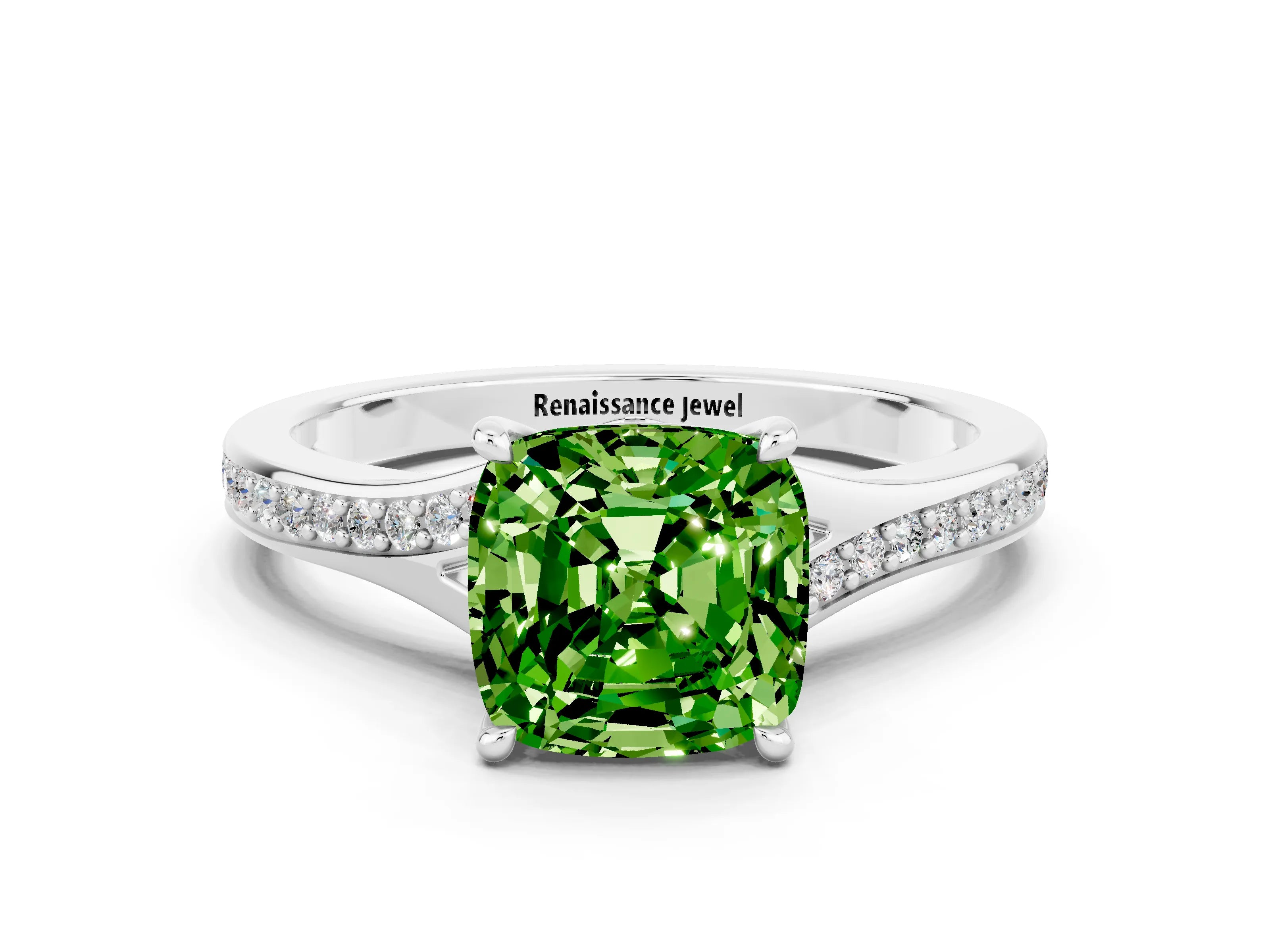 White gold Cushion Cut Peridot Solitaire Ring with Pavé Band and Prong Setting