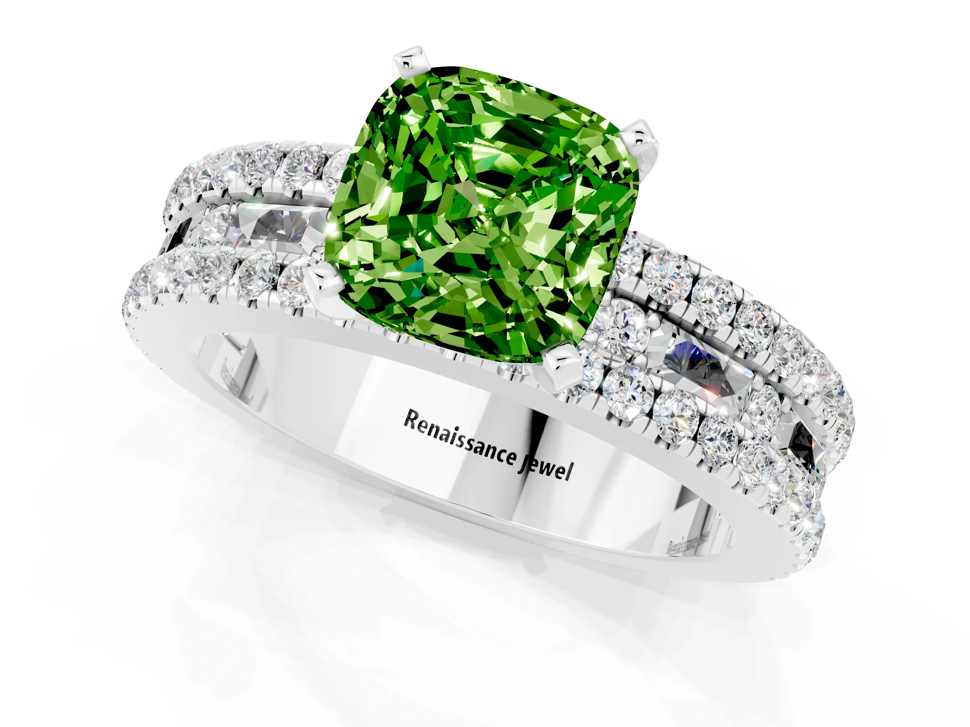 White gold Cushion Cut Peridot Solitaire Ring with Pavé and Channel Set Band_1
