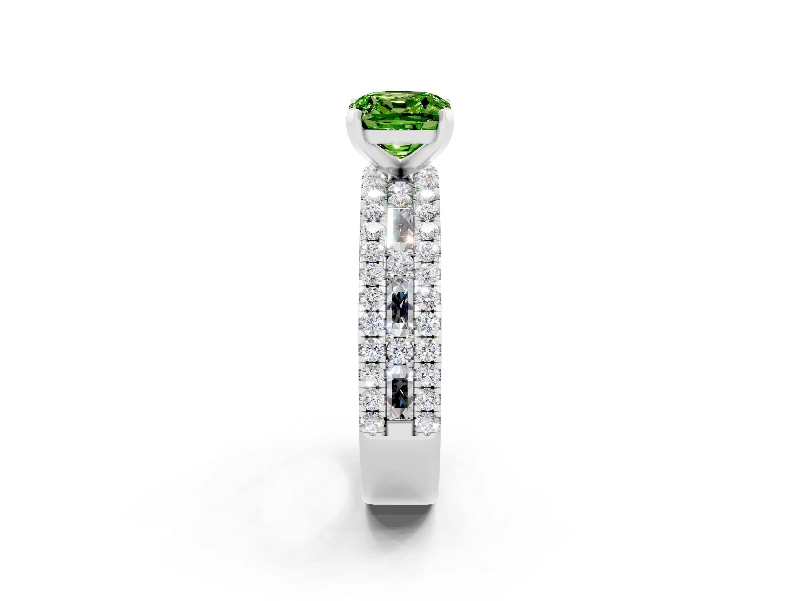 White gold Cushion Cut Peridot Solitaire Ring with Pavé and Channel Set Band_2