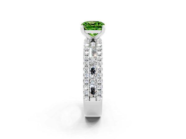 Platinum Cushion Cut Peridot Solitaire Ring with Pavé and Channel Set Band