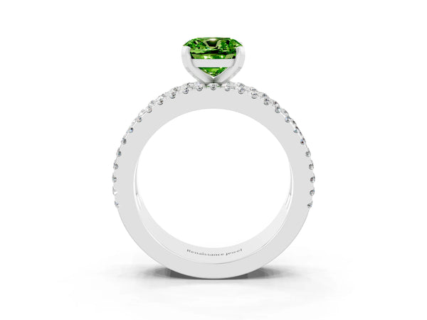 Platinum Cushion Cut Peridot Solitaire Ring with Pavé and Channel Set Band