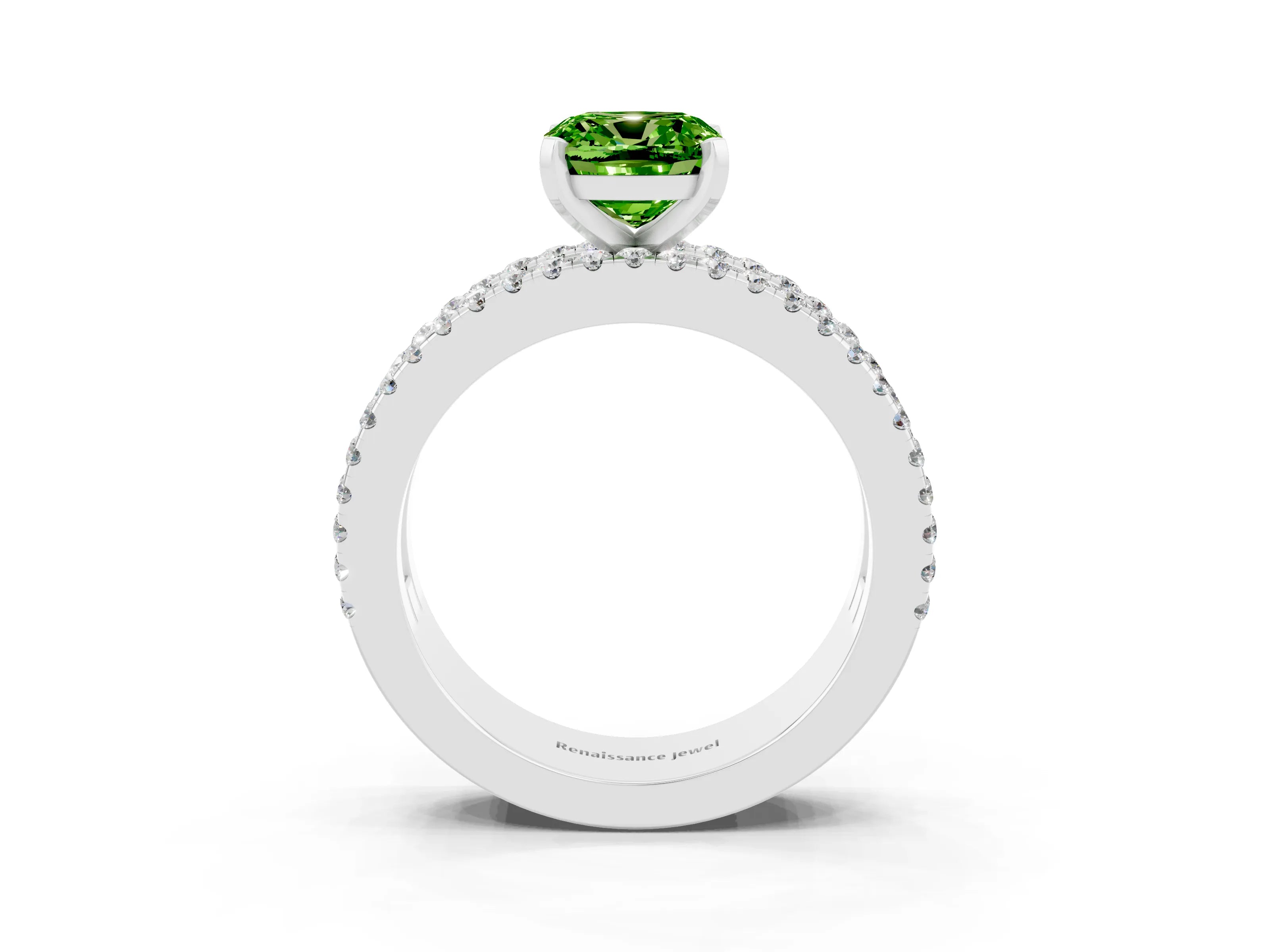 White gold Cushion Cut Peridot Solitaire Ring with Pavé and Channel Set Band_3
