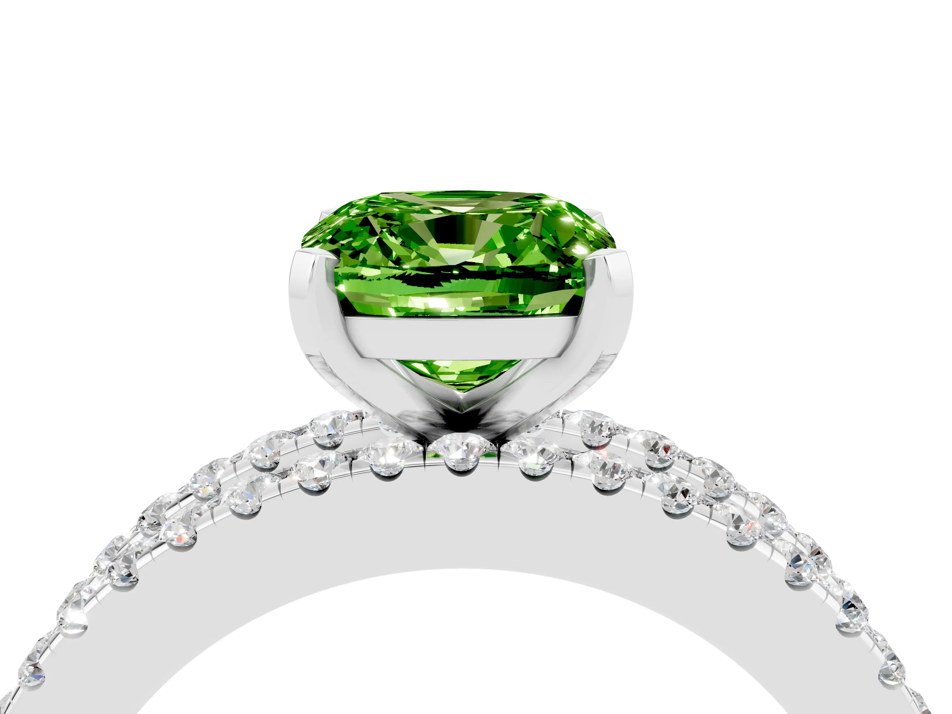 White gold Cushion Cut Peridot Solitaire Ring with Pavé and Channel Set Band_4
