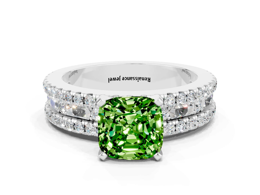 White gold Cushion Cut Peridot Solitaire Ring with Pavé and Channel Set Band