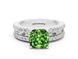 White gold Cushion Cut Peridot Solitaire Ring with Pavé and Channel Set Band
