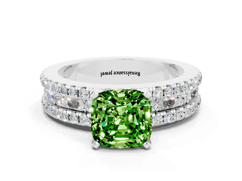 White gold Cushion Cut Peridot Solitaire Ring with Pavé and Channel Set Band