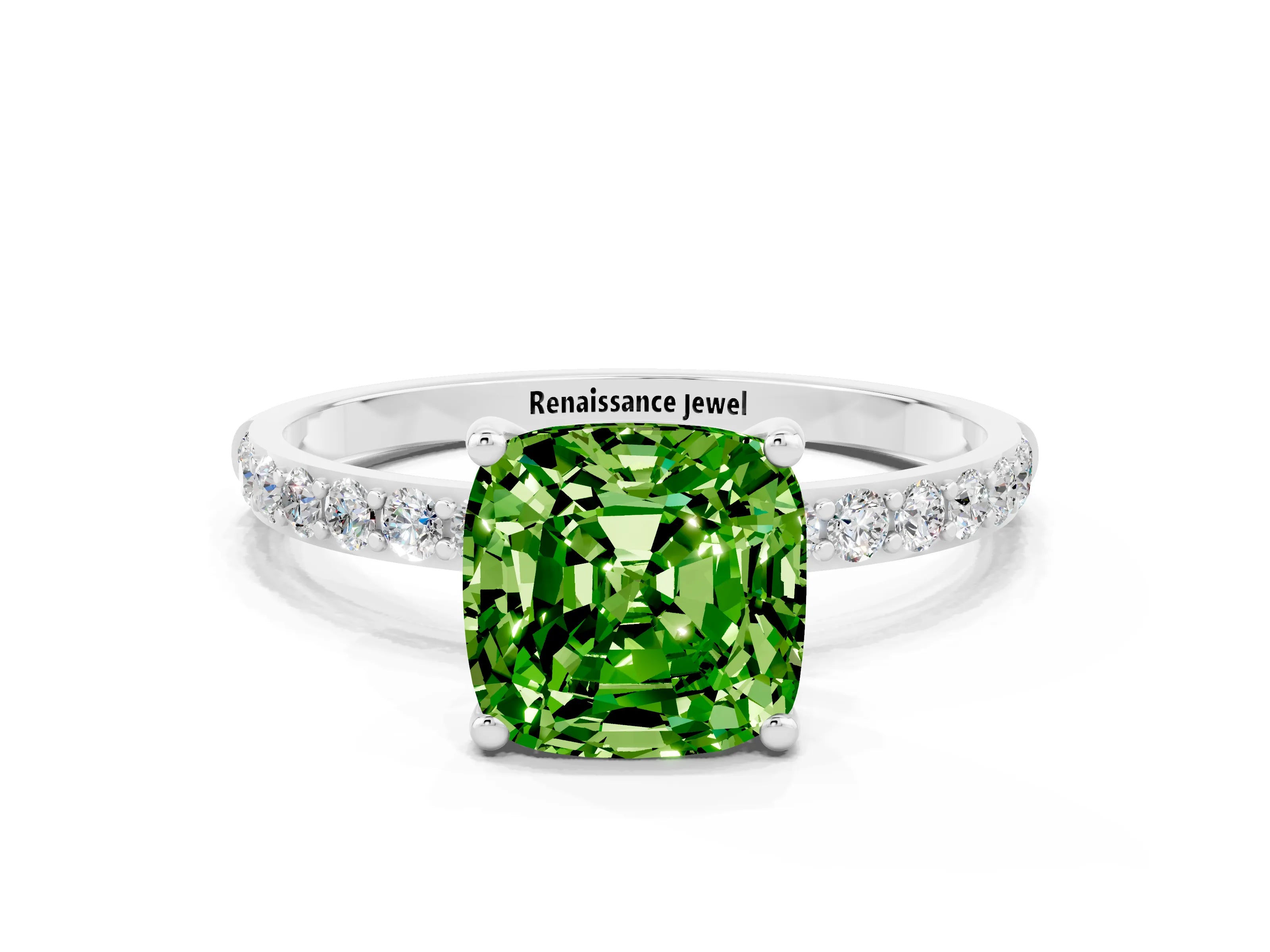 White gold Cushion Cut Peridot Solitaire Ring with Pave Band and Four Prong Setting_24