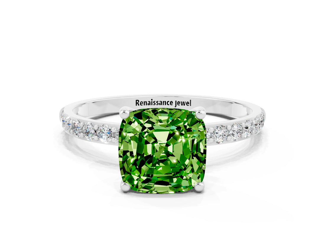 White gold Cushion Cut Peridot Solitaire Ring with Pave Band and Four Prong Setting_24