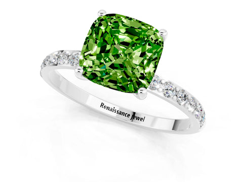 White gold Cushion Cut Peridot Solitaire Ring with Pave Band and Four Prong Setting_25