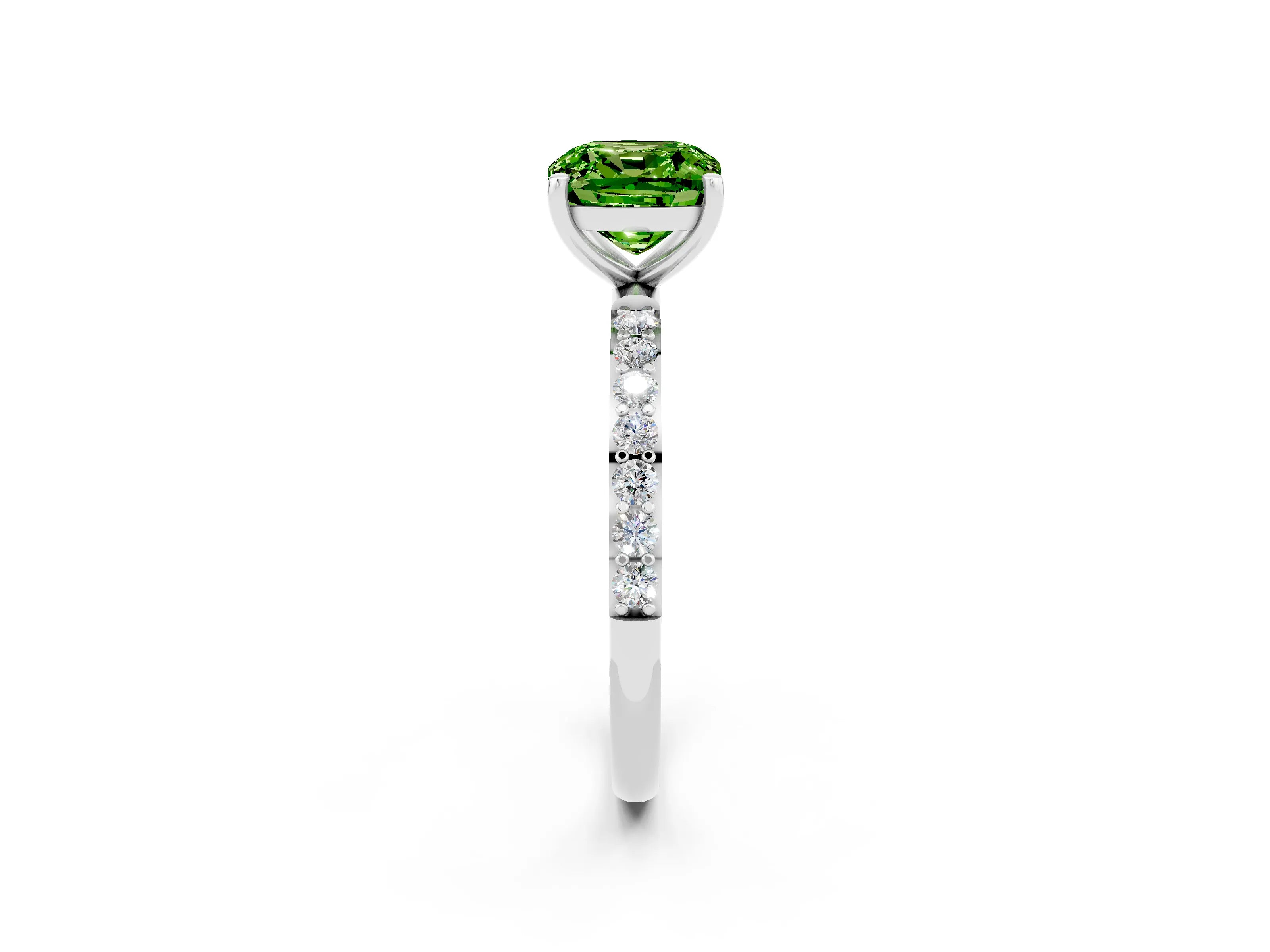 White gold Cushion Cut Peridot Solitaire Ring with Pave Band and Four Prong Setting_26