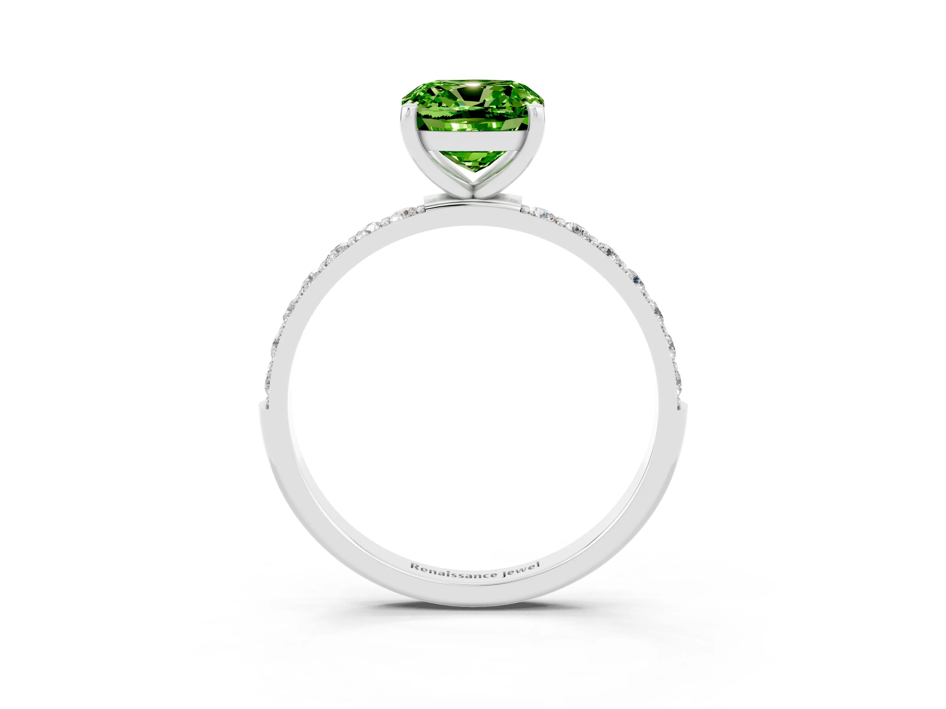 White gold Cushion Cut Peridot Solitaire Ring with Pave Band and Four Prong Setting_27
