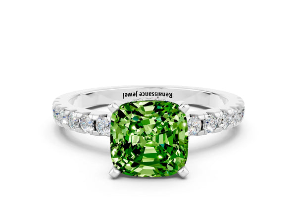 White gold Cushion Cut Peridot Solitaire Ring with Round  Pavé Band and Four-Prong Setting