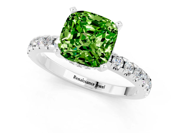 White gold Cushion Cut Peridot Solitaire Ring with Round  Pavé Band and Four-Prong Setting