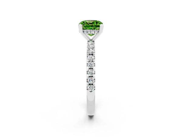 White gold Cushion Cut Peridot Solitaire Ring with Round  Pavé Band and Four-Prong Setting