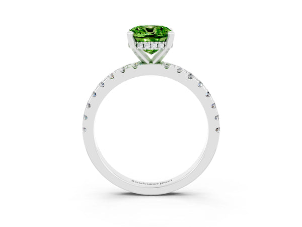 White gold Cushion Cut Peridot Solitaire Ring with Round  Pavé Band and Four-Prong Setting