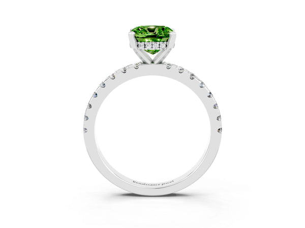 White gold Cushion Cut Peridot Solitaire Ring with Round Pavé Band and Four-Prong Setting