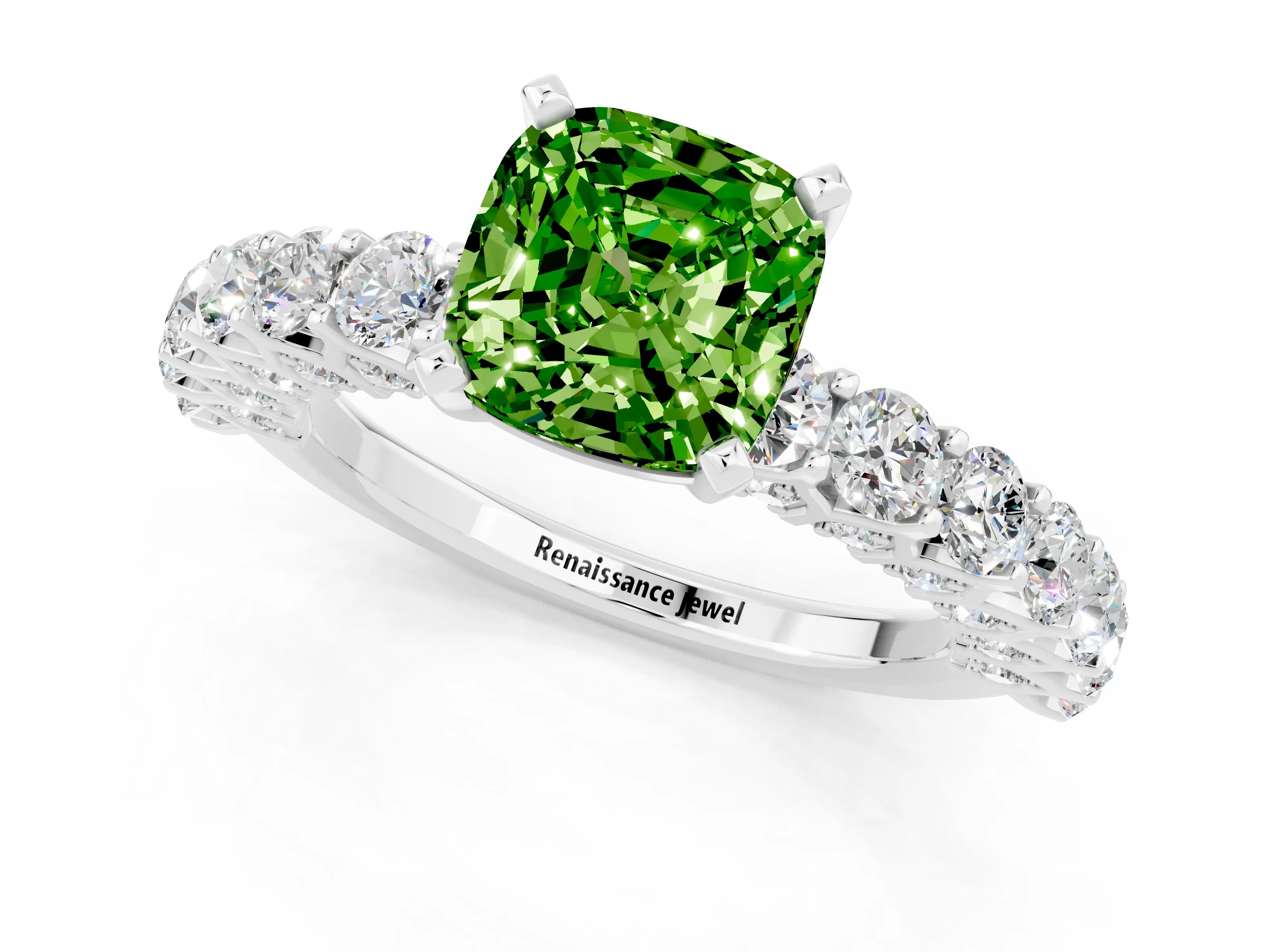 White gold Cushion Cut Peridot Solitaire Ring with Shared Prong Pavé Band and Four-Prong Setting_1