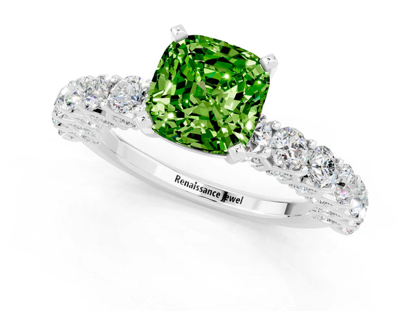 White gold Cushion Cut Peridot Solitaire Ring with Shared Prong Pavé Band and Four-Prong Setting