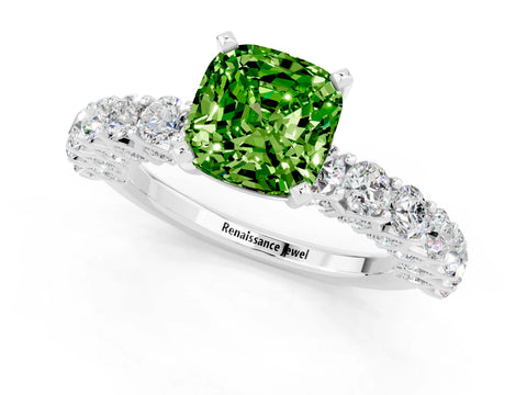 White gold Cushion Cut Peridot Solitaire Ring with Shared Prong Pavé Band and Four-Prong Setting_1