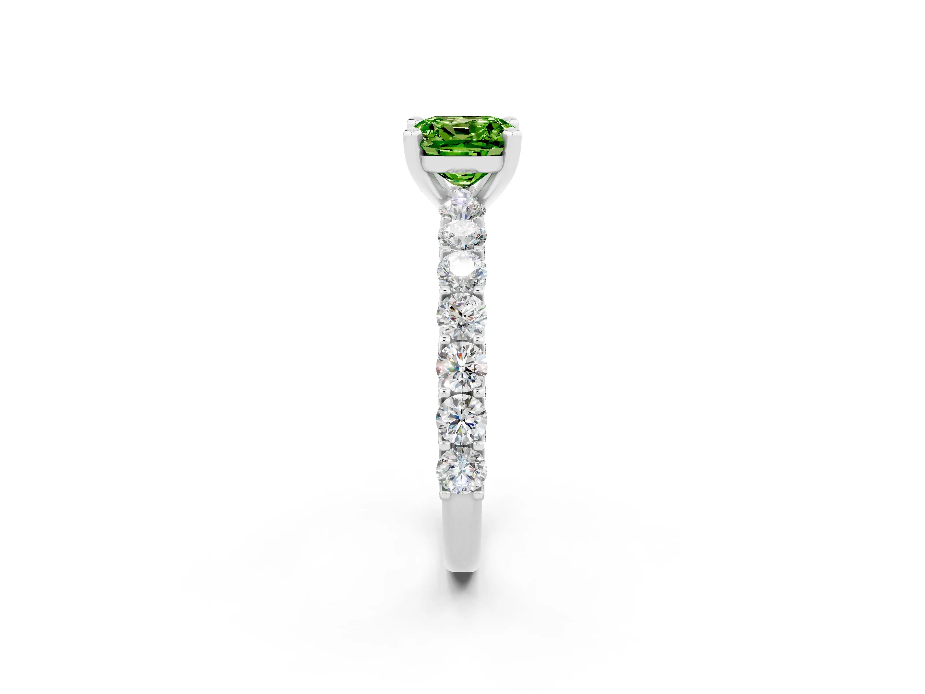 White gold Cushion Cut Peridot Solitaire Ring with Shared Prong Pavé Band and Four-Prong Setting_2