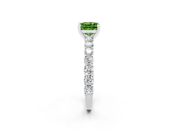 White gold Cushion Cut Peridot Solitaire Ring with Shared Prong Pavé Band and Four-Prong Setting