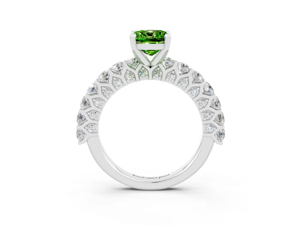 White gold Cushion Cut Peridot Solitaire Ring with Shared Prong Pavé Band and Four-Prong Setting