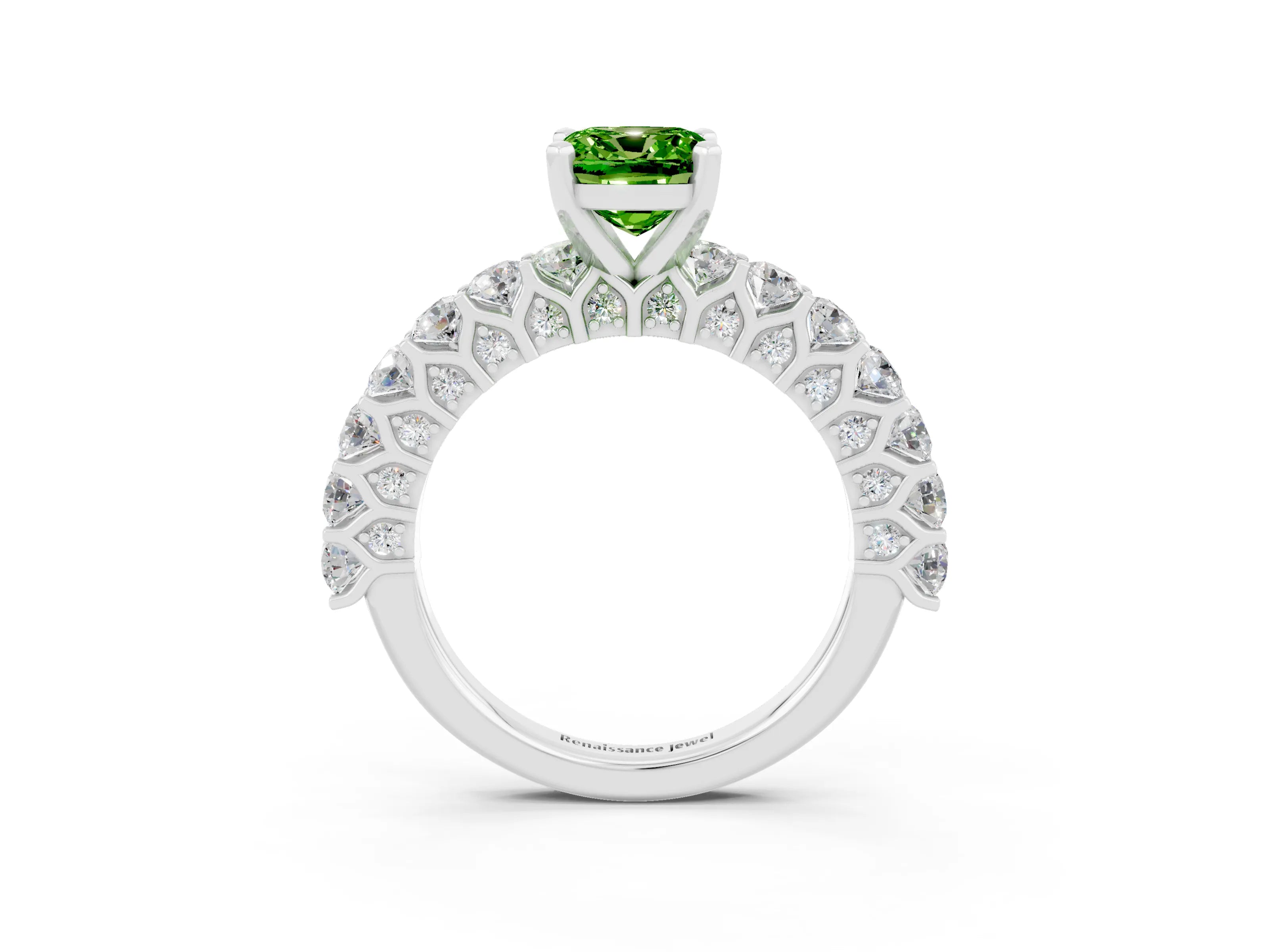 White gold Cushion Cut Peridot Solitaire Ring with Shared Prong Pavé Band and Four-Prong Setting_3