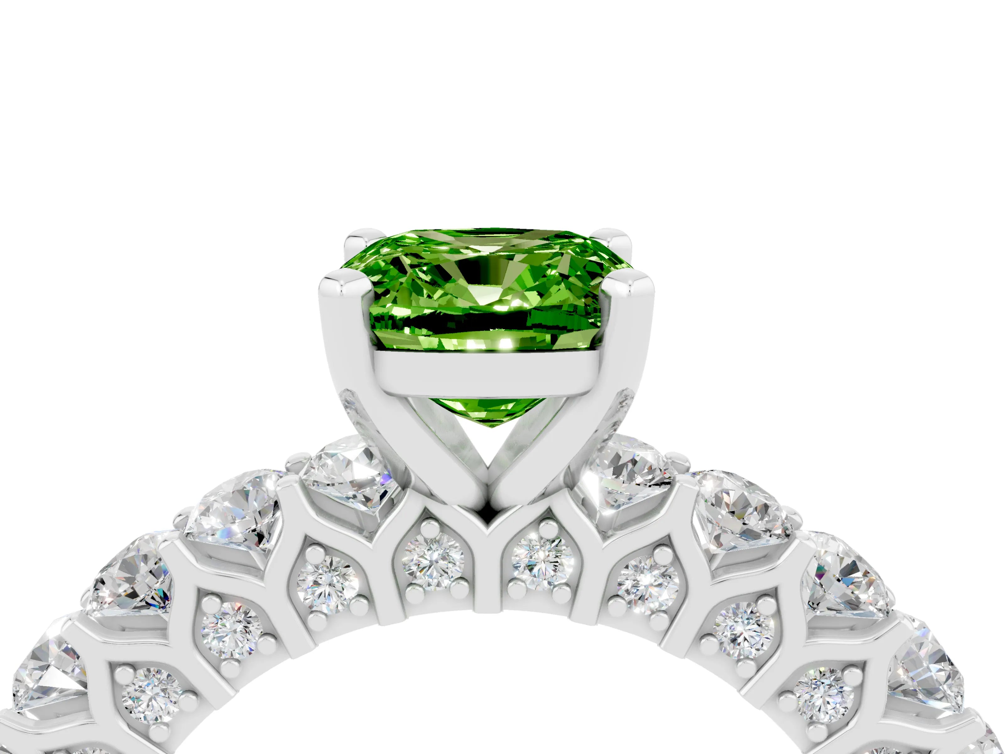 White gold Cushion Cut Peridot Solitaire Ring with Shared Prong Pavé Band and Four-Prong Setting_4
