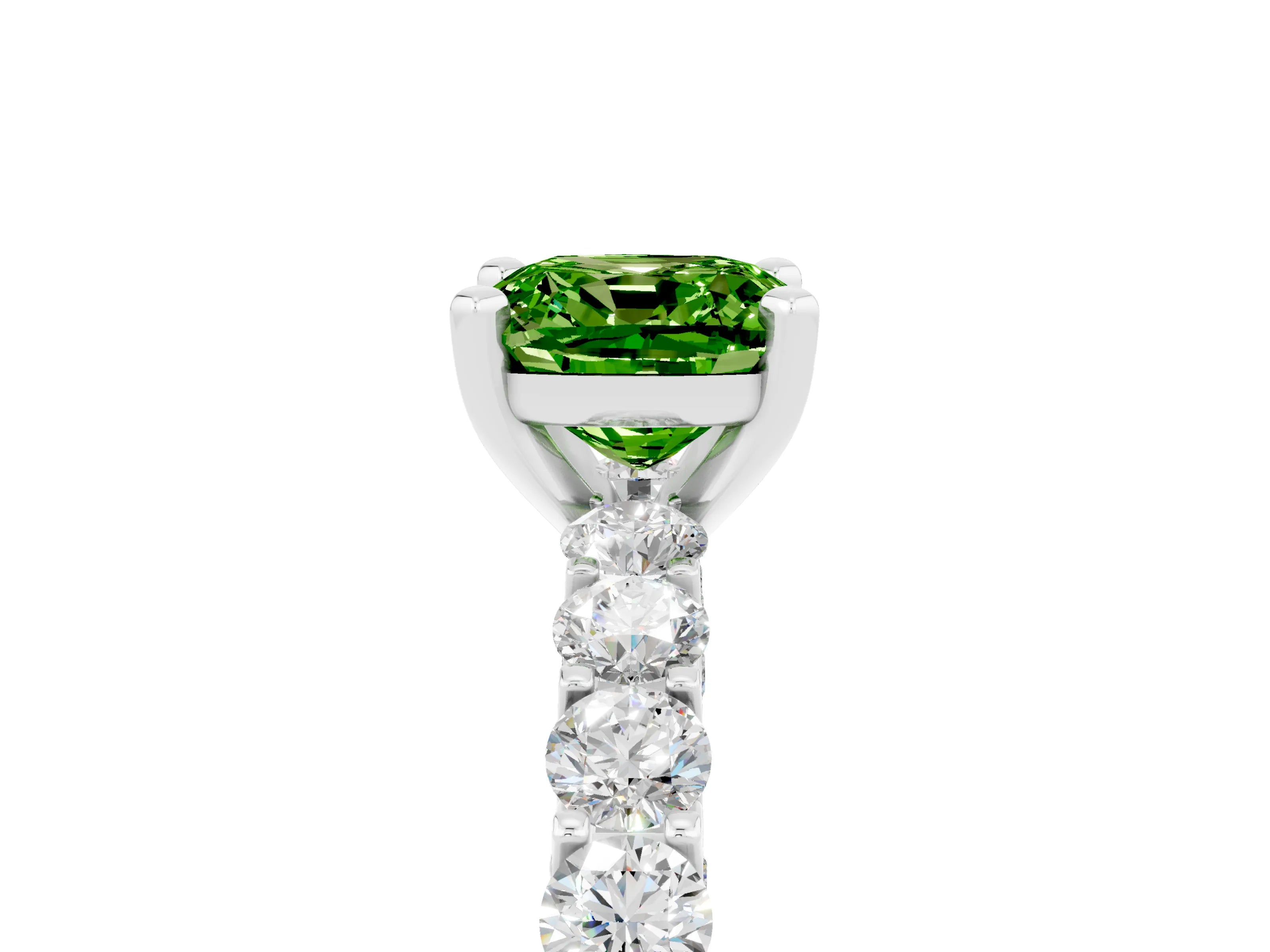 White gold Cushion Cut Peridot Solitaire Ring with Shared Prong Pavé Band and Four-Prong Setting_5
