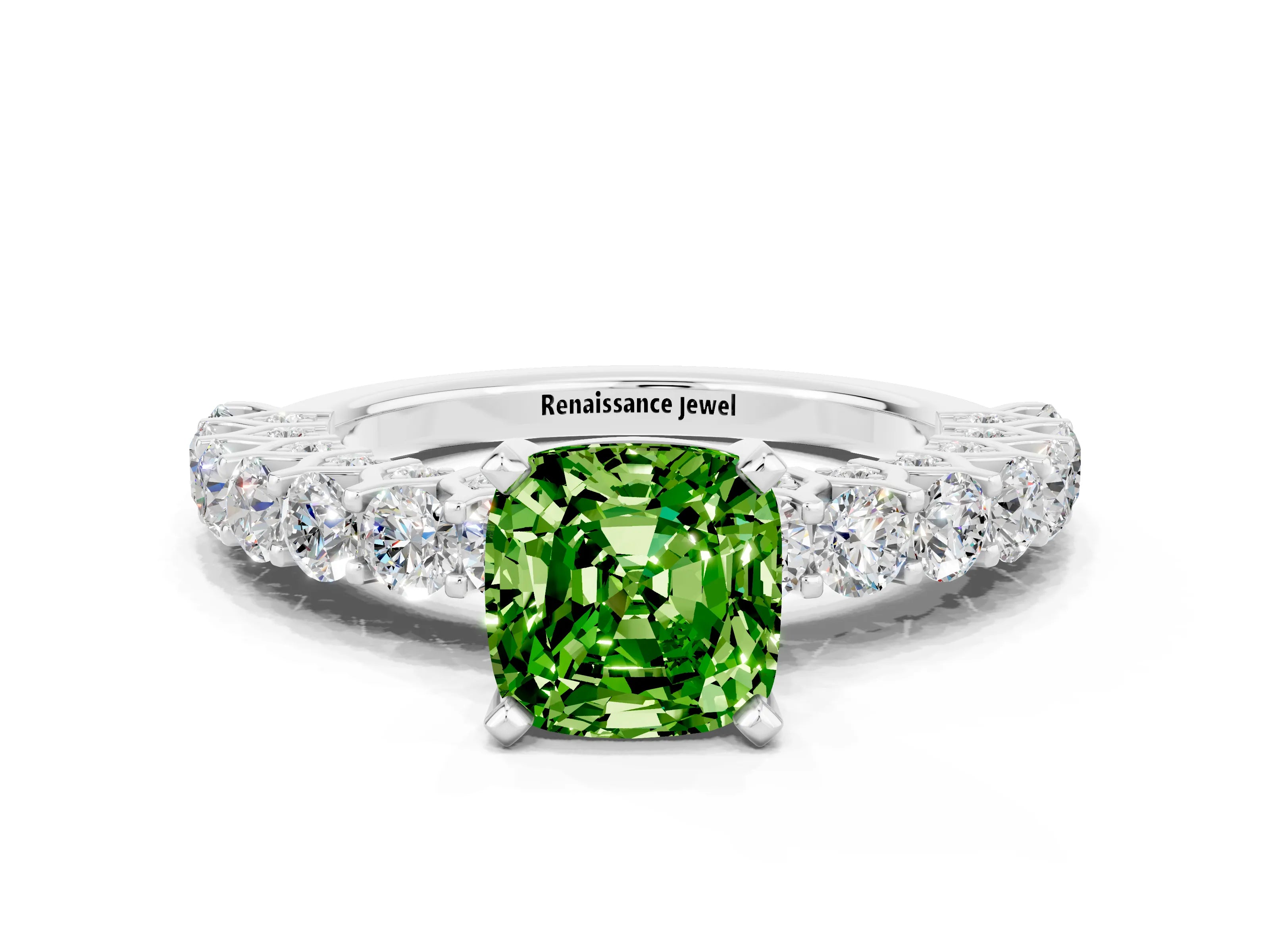 White gold Cushion Cut Peridot Solitaire Ring with Shared Prong Pavé Band and Four-Prong Setting