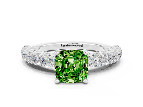 White gold Cushion Cut Peridot Solitaire Ring with Shared Prong Pavé Band and Four-Prong Setting