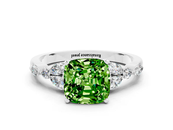 Silver Cushion Cut Peridot Solitaire Ring with Side Stones and Four-Prong Setting