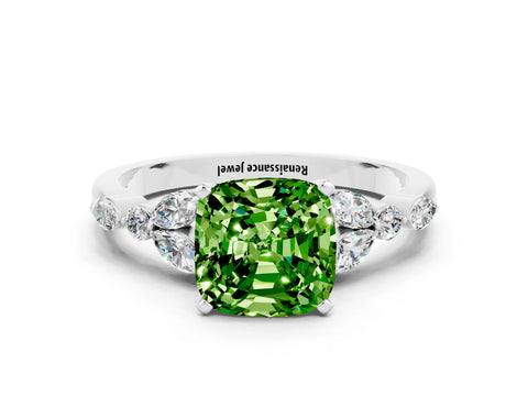 White gold Cushion Cut Peridot Solitaire Ring with Side Stones and Four-Prong Setting_12