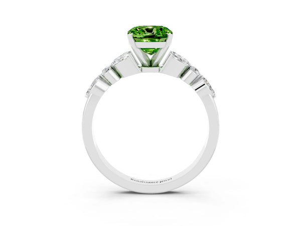 Silver Cushion Cut Peridot Solitaire Ring with Side Stones and Four-Prong Setting