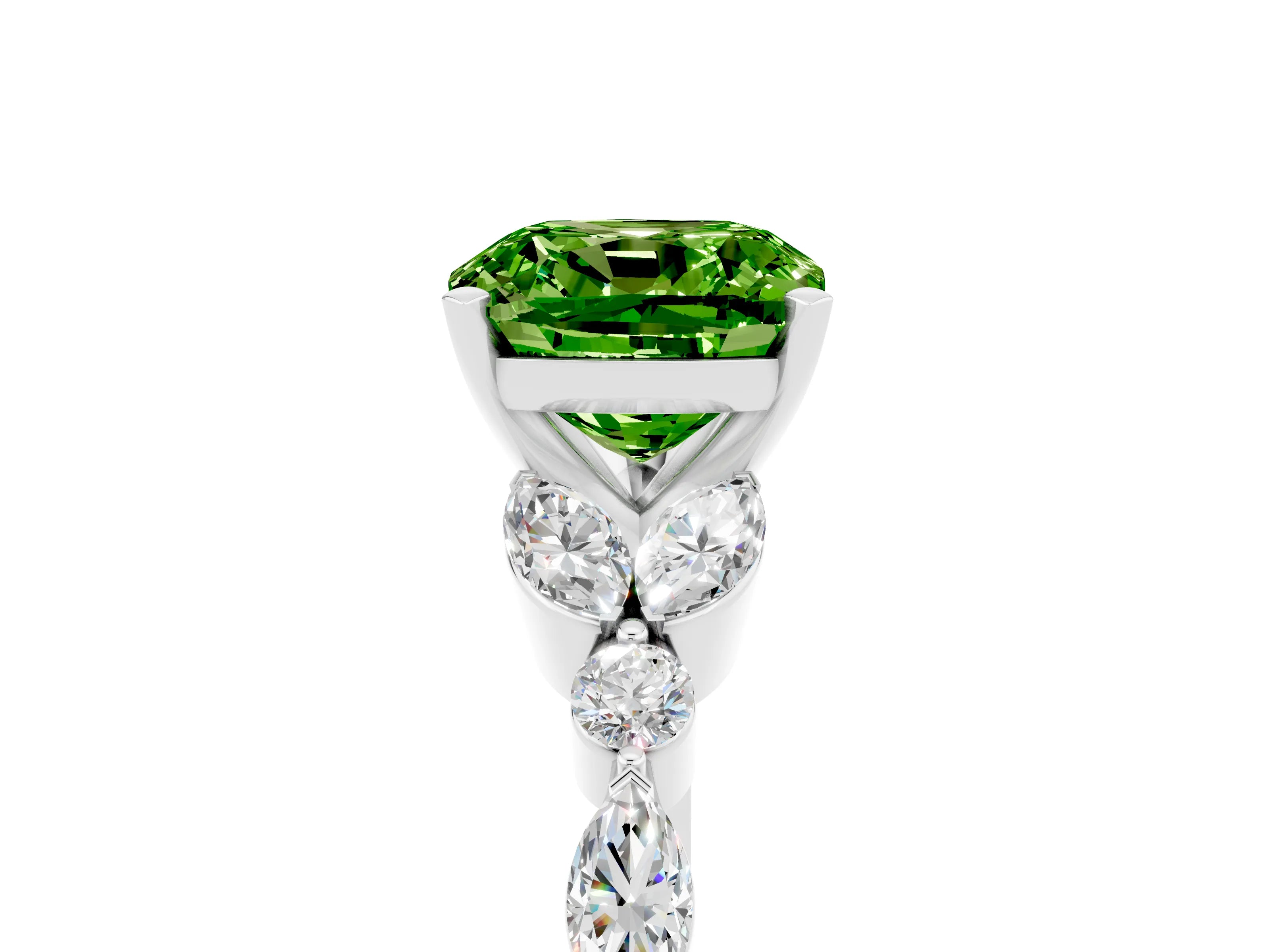 White gold Cushion Cut Peridot Solitaire Ring with Side Stones and Four-Prong Setting_17
