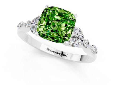 White gold Cushion Cut Peridot Solitaire Ring with Side Stones and Four-Prong Setting_25