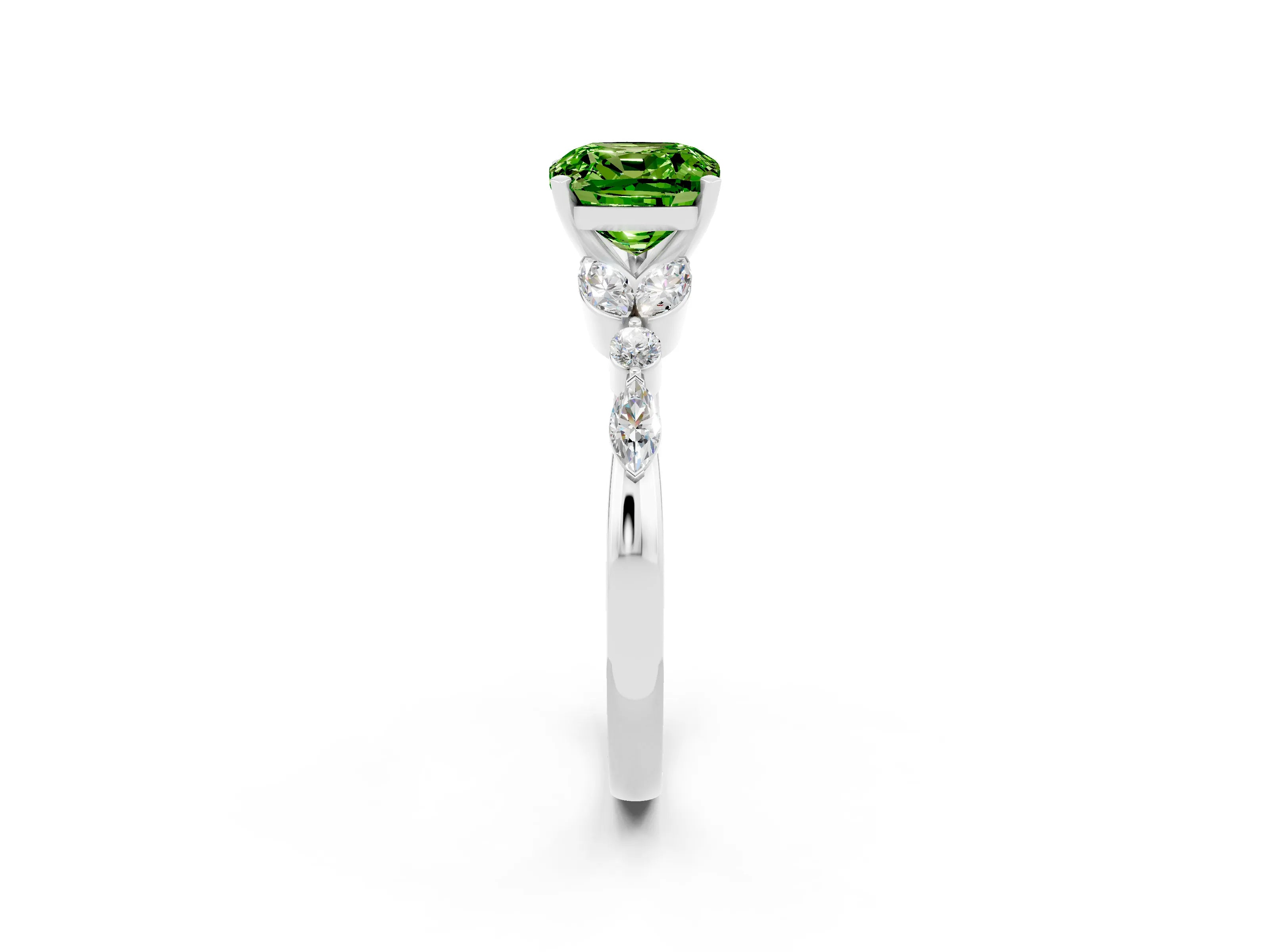 White gold Cushion Cut Peridot Solitaire Ring with Side Stones and Four-Prong Setting_26