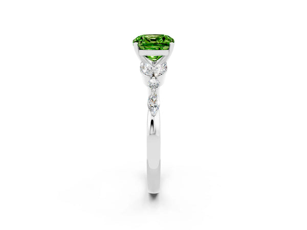 White gold Cushion Cut Peridot Solitaire Ring with Side Stones and Four-Prong Setting