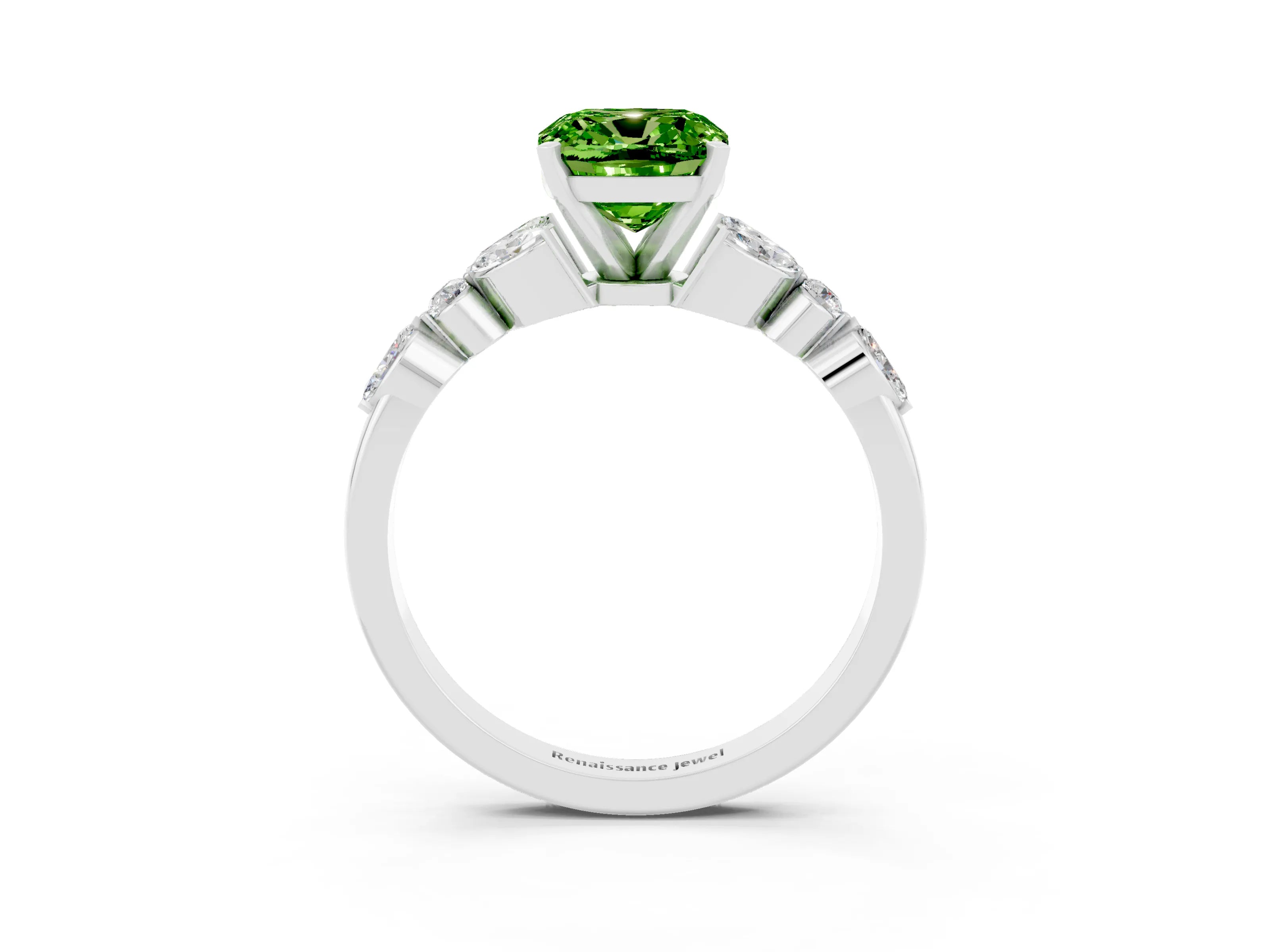 White gold Cushion Cut Peridot Solitaire Ring with Side Stones and Four-Prong Setting_27