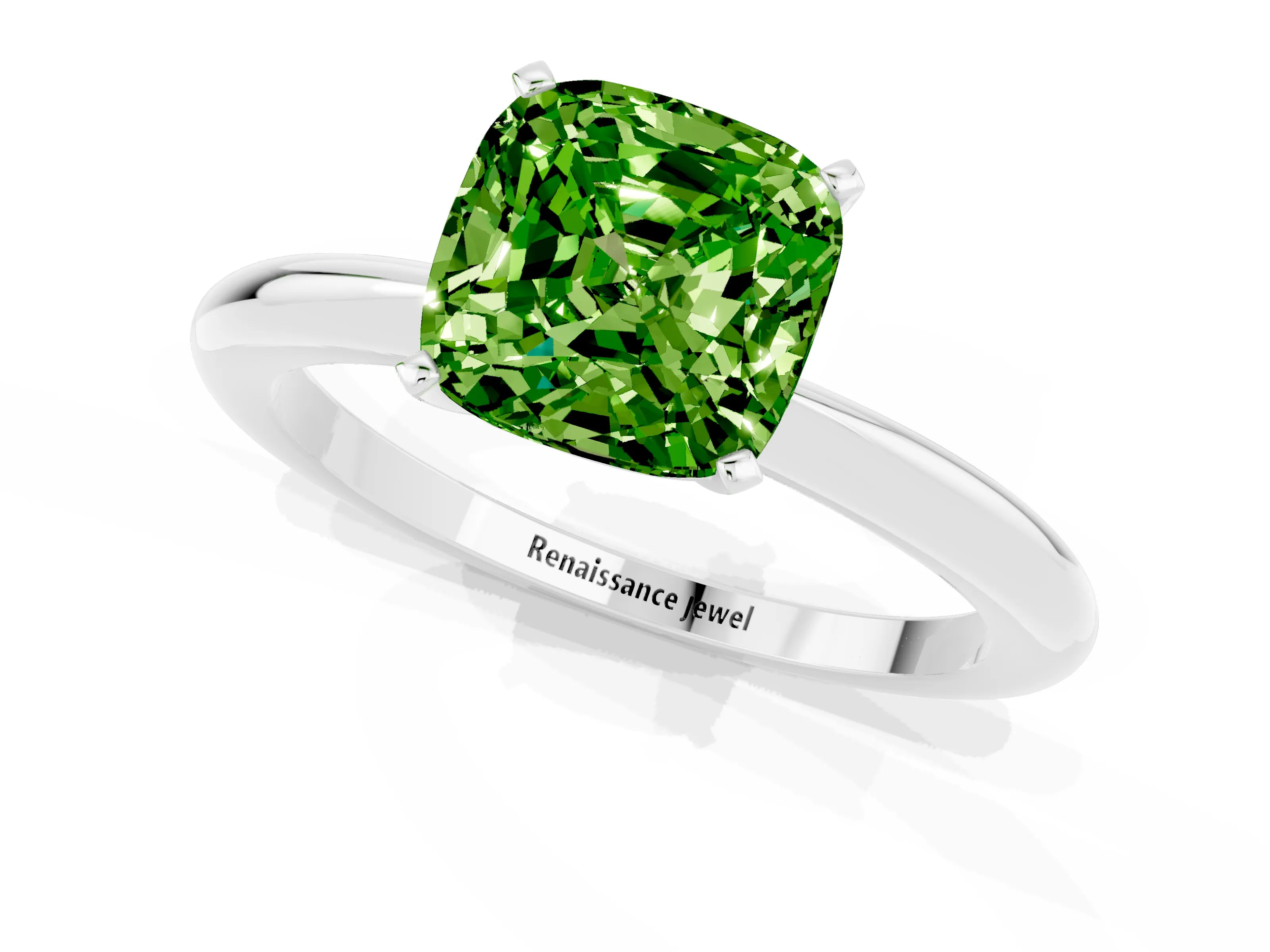 White gold Cushion Cut Peridot Solitaire Ring with Six-Prong Setting and Classic Band_13