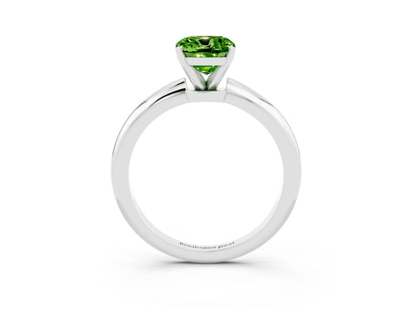 Silver Cushion Cut Peridot Solitaire Ring with Six-Prong Setting and Classic Band