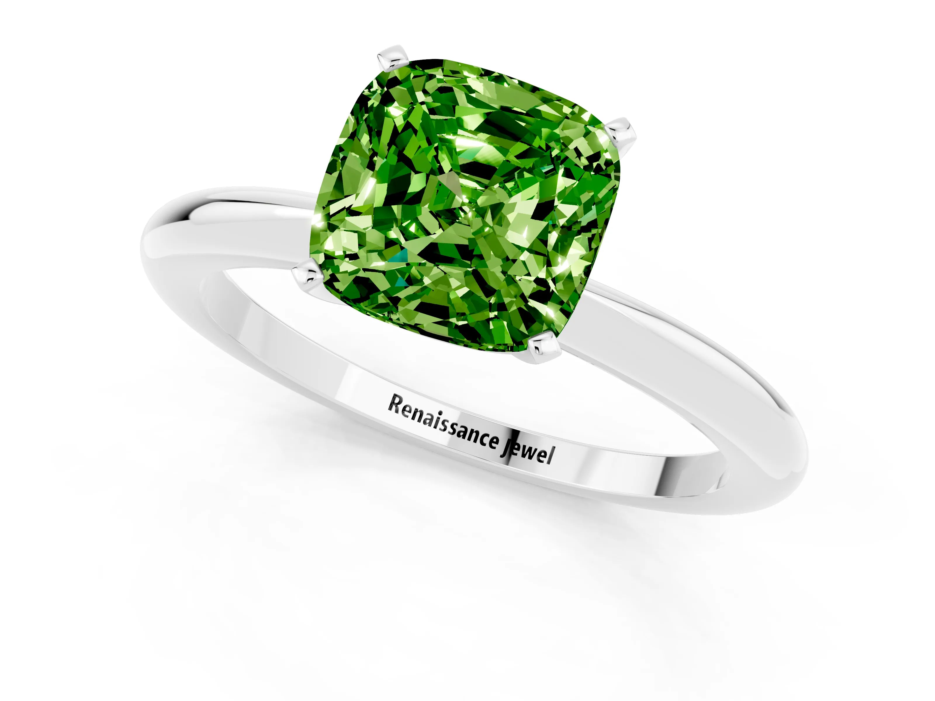White gold Cushion Cut Peridot Solitaire Ring with Six-Prong Setting and Classic Band_19