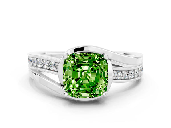 Platinum Cushion Cut Peridot Solitaire Ring with Split Shank and Prong Setting