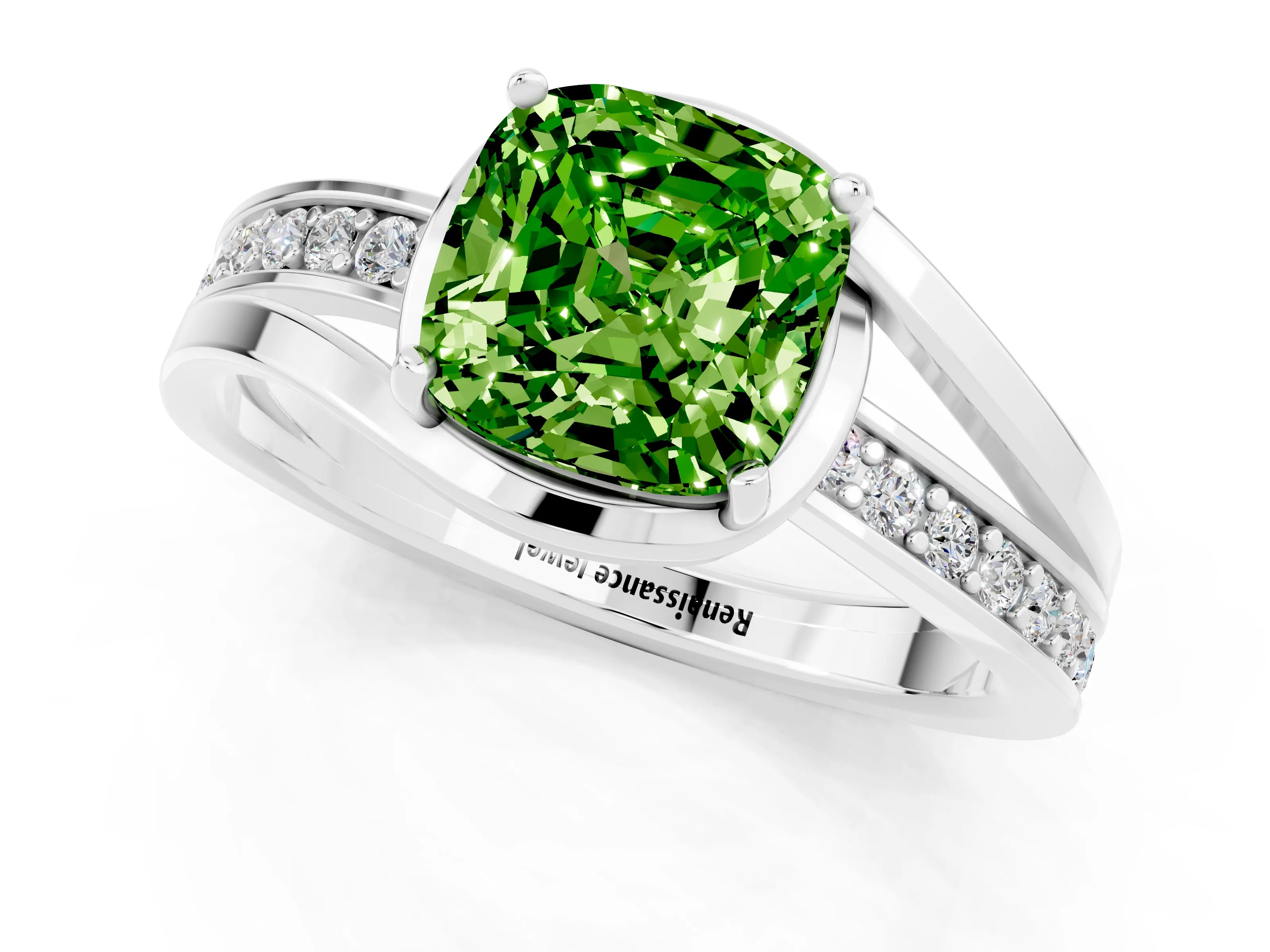 White gold Cushion Cut Peridot Solitaire Ring with Split Shank and Prong Setting_1