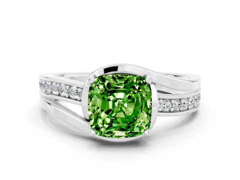 White gold Cushion Cut Peridot Solitaire Ring with Split Shank and Prong Setting