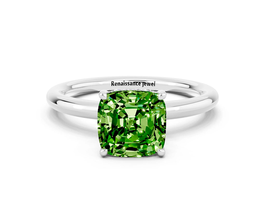 White gold Cushion Cut Peridot Solitaire Ring with Thin Band and Four-Prong Setting