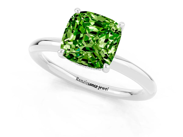 Silver Cushion Cut Peridot Solitaire Ring with Thin Band and Four-Prong Setting
