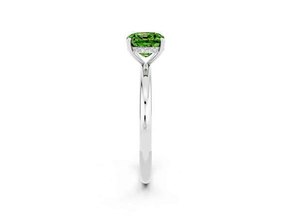Silver Cushion Cut Peridot Solitaire Ring with Thin Band and Four-Prong Setting