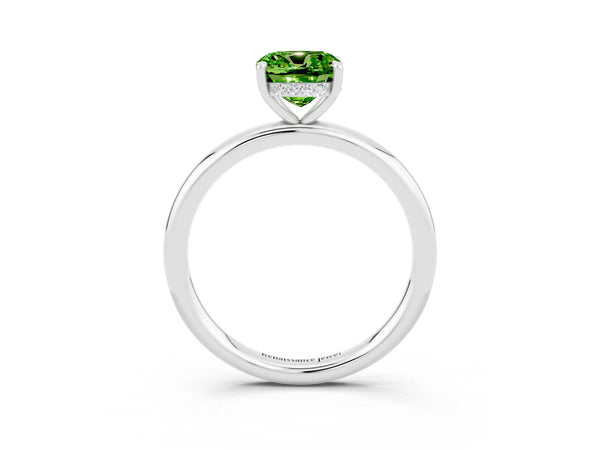 Silver Cushion Cut Peridot Solitaire Ring with Thin Band and Four-Prong Setting